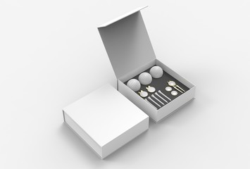 Blank golf accessory gift set box for branding. 3d render illustration.