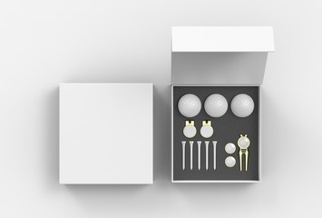 Blank golf accessory gift set box for branding. 3d render illustration.