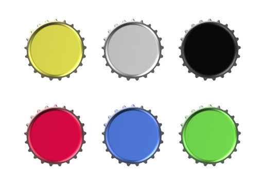 Colorful aluminum bottle cap top view on white background