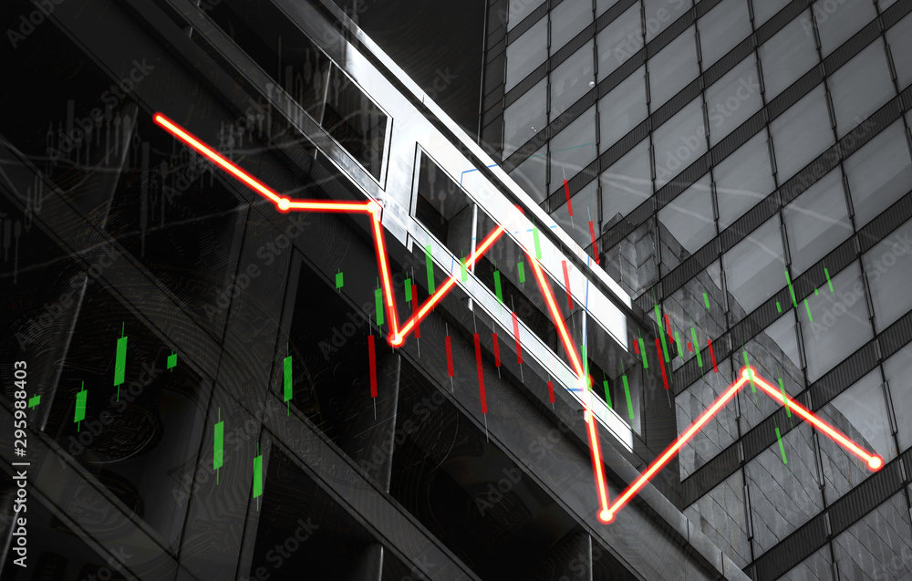 Poster stock index graph and chart in modern building background (red bear chart)