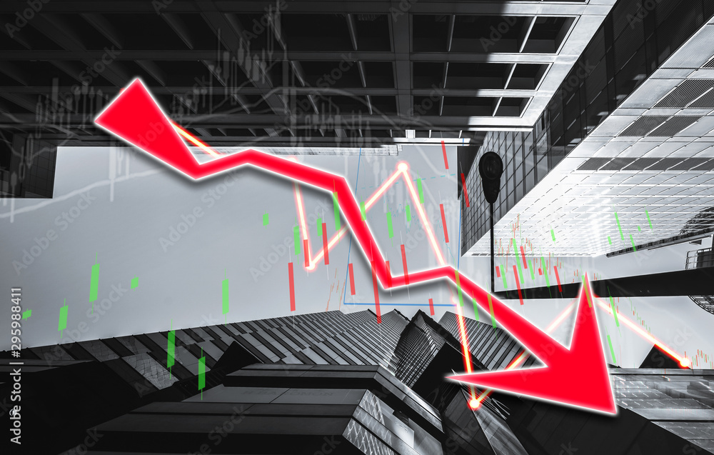 Poster stock index graph and chart in modern building background (red bear chart)
