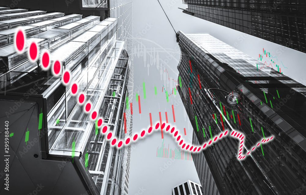 Poster stock index graph and chart in modern building background (red bear chart)