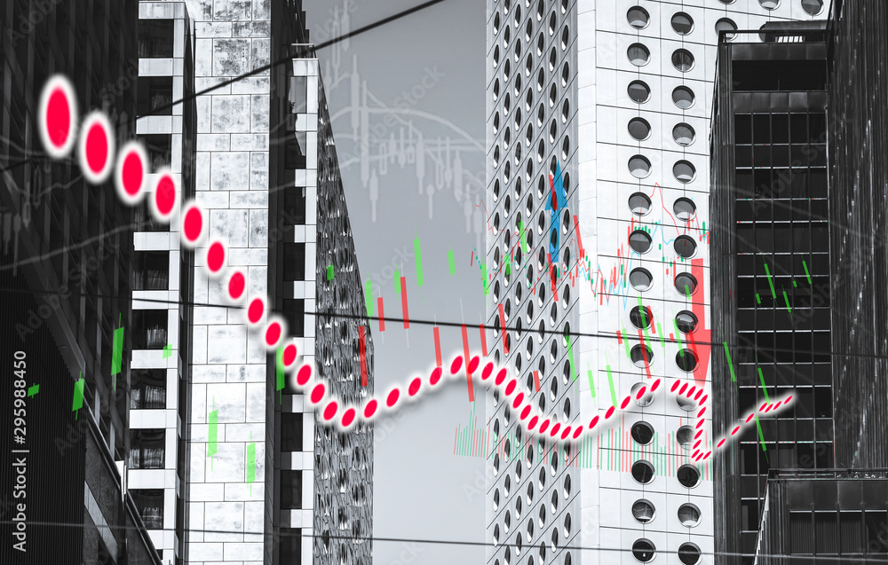 Poster stock index graph and chart in modern building background (red bear chart)