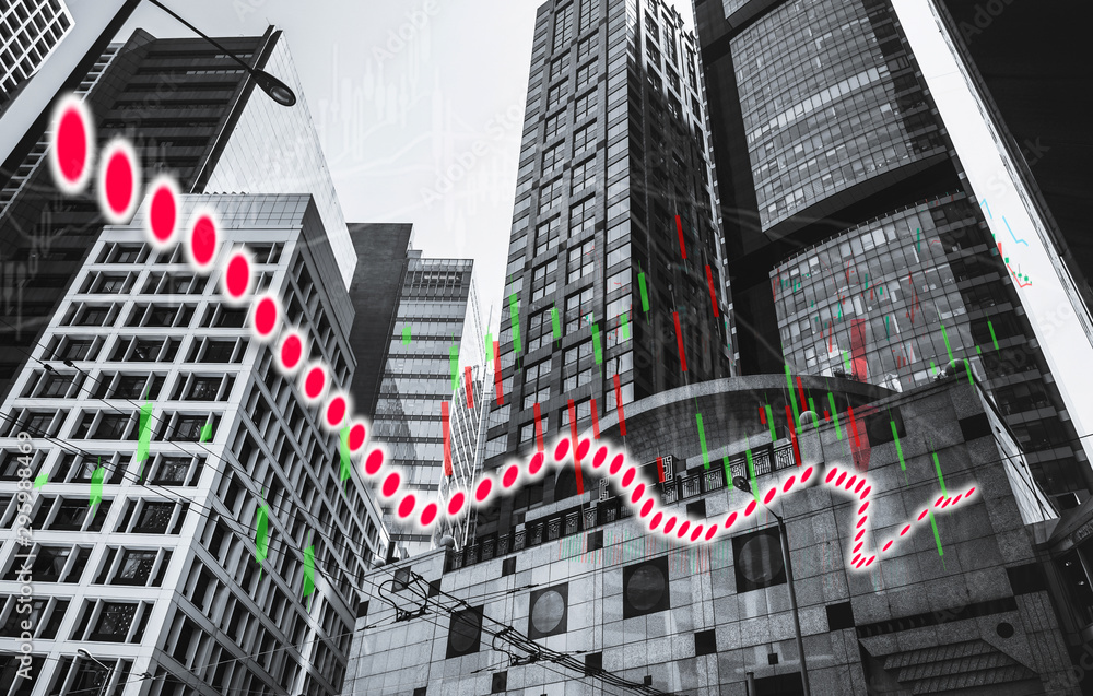 Poster stock index graph and chart in modern building background (red bear chart)