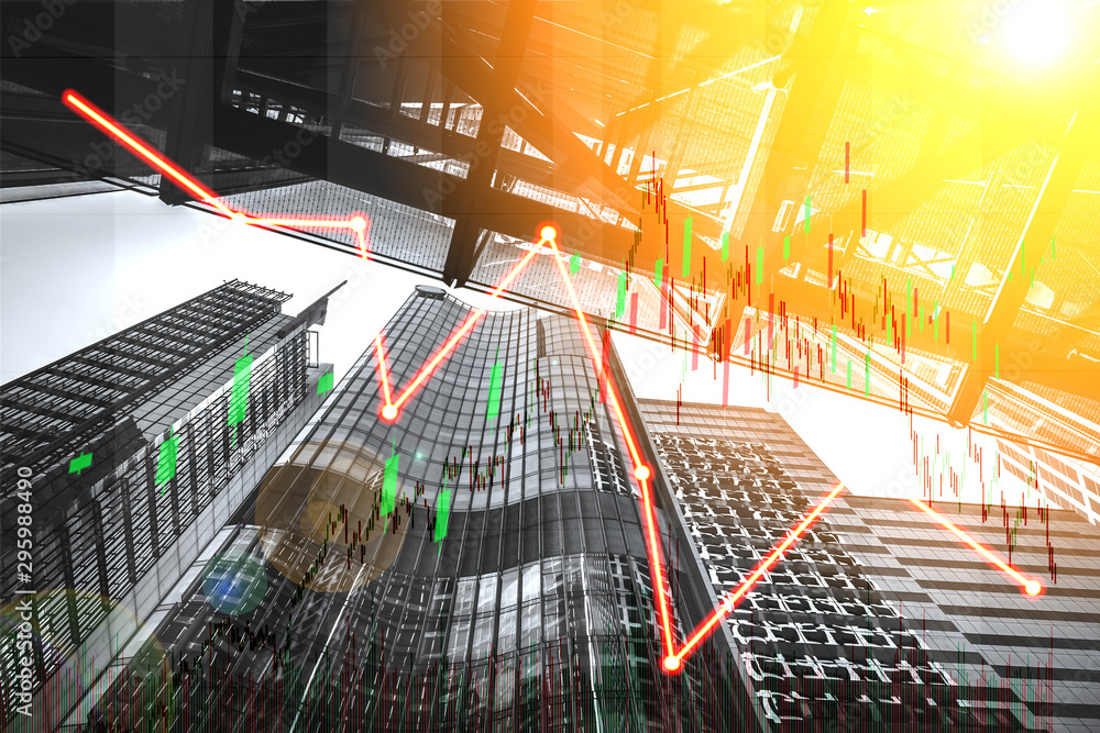 Poster stock index graph and chart in modern building background (red bear chart)