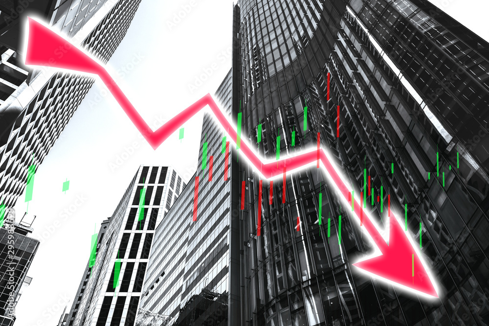 Poster stock index graph and chart in modern building background (red bear chart)