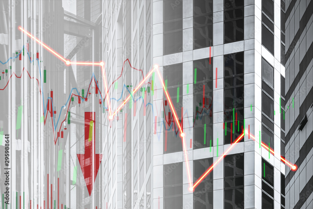 Poster stock index graph and chart in modern building background (red bear chart)