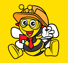 Cartoon cute flying bee as worker mascot vector illustration, okay sign - vector character