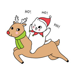 Cartoon cute Christmas cat and reindeer vector.