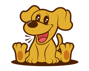 Cartoon Cute puppy barking and sitting on ground. Dog vector character