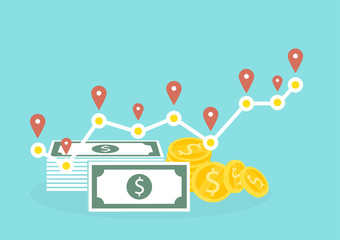 Obraz premium growth graph with stack of coin and banknote currency and good business chart. Concept of success financial investment and growth in business