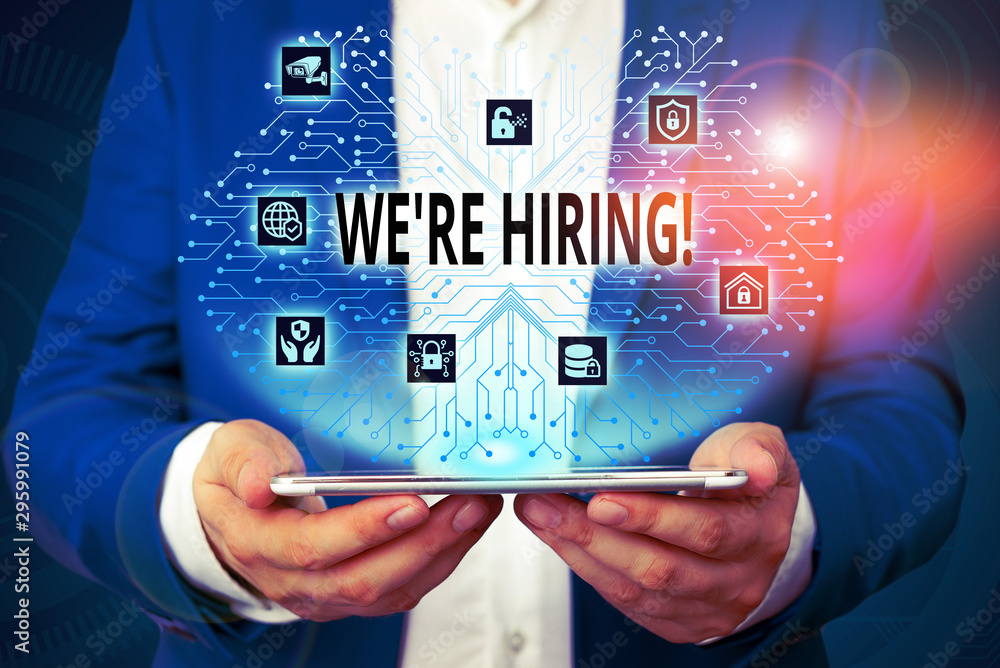 Poster handwriting text writing we are re hiring. conceptual photo process of reviewing applications and fi