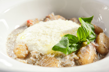 Gnocchi in mushroom sauce with cheese espuma