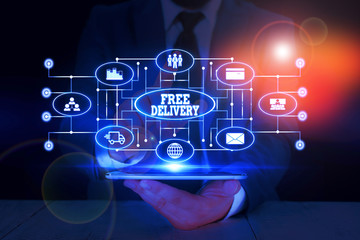 Text sign showing Free Delivery. Business photo text Shipping Package Cargo Courier Distribution Center Fragile Male human wear formal work suit presenting presentation using smart device