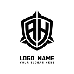 initial AH letter with shield style logo template vector. shield shape black monogram logo