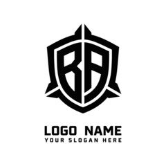 initial BA letter with shield style logo template vector. shield shape black monogram logo