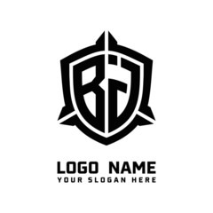 initial BJ letter with shield style logo template vector. shield shape black monogram logo
