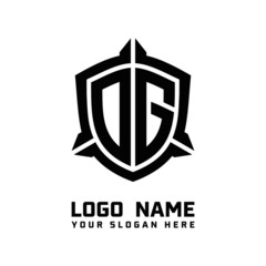 initial DG letter with shield style logo template vector. shield shape black monogram logo