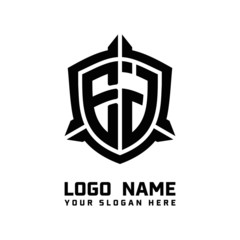 Naklejka premium initial EJ letter with shield style logo template vector. shield shape black monogram logo