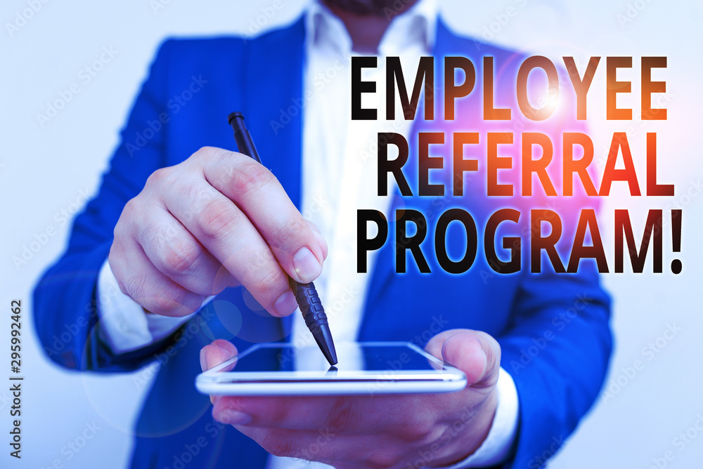 Poster conceptual hand writing showing employee referral program. concept meaning internal recruitment meth