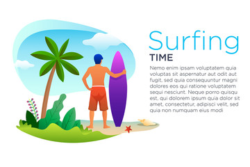 Surfing man with a surfing board in a beach for landing page, ui ux design, cover book, banner, social media concept