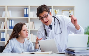 Female patient visiting male doctor for regular check-up in hosp