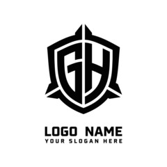 initial GH letter with shield style logo template vector. shield shape black monogram logo