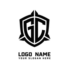 initial GC letter with shield style logo template vector. shield shape black monogram logo