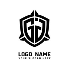 initial GJ letter with shield style logo template vector. shield shape black monogram logo