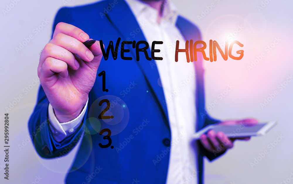 Poster conceptual hand writing showing we re hiring. concept meaning process of reviewing applications and 