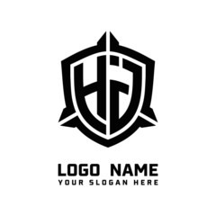 initial HJ letter with shield style logo template vector. shield shape black monogram logo