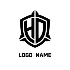 initial HD letter with shield style logo template vector. shield shape black monogram logo