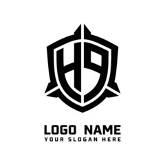 initial HP letter with shield style logo template vector. shield shape black monogram logo