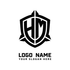 initial HM letter with shield style logo template vector. shield shape black monogram logo