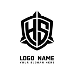 initial HS letter with shield style logo template vector. shield shape black monogram logo