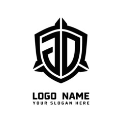 initial JD letter with shield style logo template vector. shield shape black monogram logo