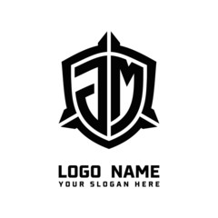 initial JM letter with shield style logo template vector. shield shape black monogram logo