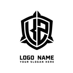 initial KZ letter with shield style logo template vector. shield shape black monogram logo