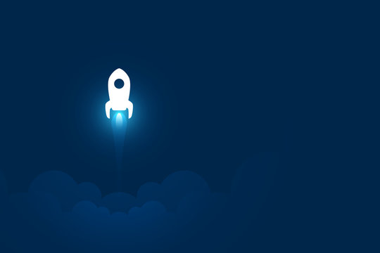White rocket launch on dark blue background illustration copy space startup concept