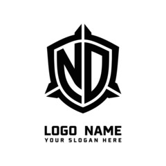 initial ND letter with shield style logo template vector. shield shape black monogram logo