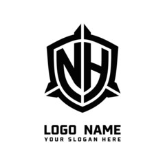 initial NH letter with shield style logo template vector. shield shape black monogram logo