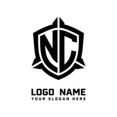 initial NC letter with shield style logo template vector. shield shape black monogram logo
