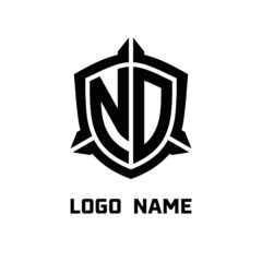 initial NO letter with shield style logo template vector. shield shape black monogram logo