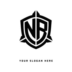initial NR letter with shield style logo template vector. shield shape black monogram logo