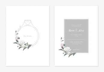 Flowers and foliage wedding invitation card template design, wedding ring decorated with white Anise magnolia flowers and leaves on white