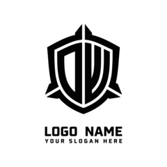 initial OW letter with shield style logo template vector. shield shape black monogram logo