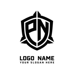 initial PN letter with shield style logo template vector. shield shape black monogram logo
