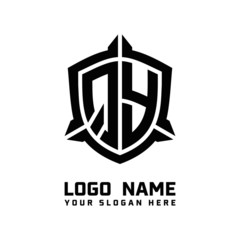 initial QY letter with shield style logo template vector. shield shape black monogram logo