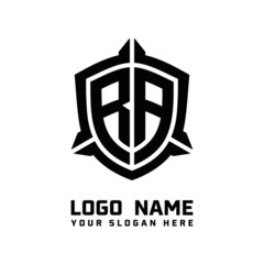 initial RA letter with shield style logo template vector. shield shape black monogram logo