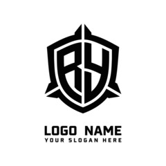 initial RY letter with shield style logo template vector. shield shape black monogram logo